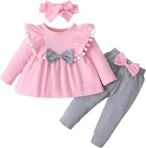 Adorable Baby Girl Outfit Set for Everyday & Special Moments | Soft Cotton Baby Dress with Bow + Comfy Leggings & Headband | Perfect Baby Shower Gift, Toddler Clothes, Newborn Outfit 3–24M