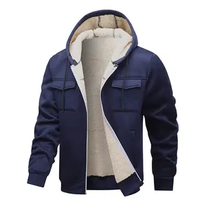Men's Heavyweight Fleece-Lined Hoodie, Solid Black Casual Zip-Up Jacket with Pockets for Cold Weather Wear