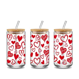 Red Heart Pattern Design 16oz Covered Straw Glass Drinking Cup, Hydration Tumbler, Reusable Glass Drinking Cup, Glass Jar Design, Suitable for Iced Coffee, Juice, Glassware. Perfect Gift for Valentine's Day, Family and Friend