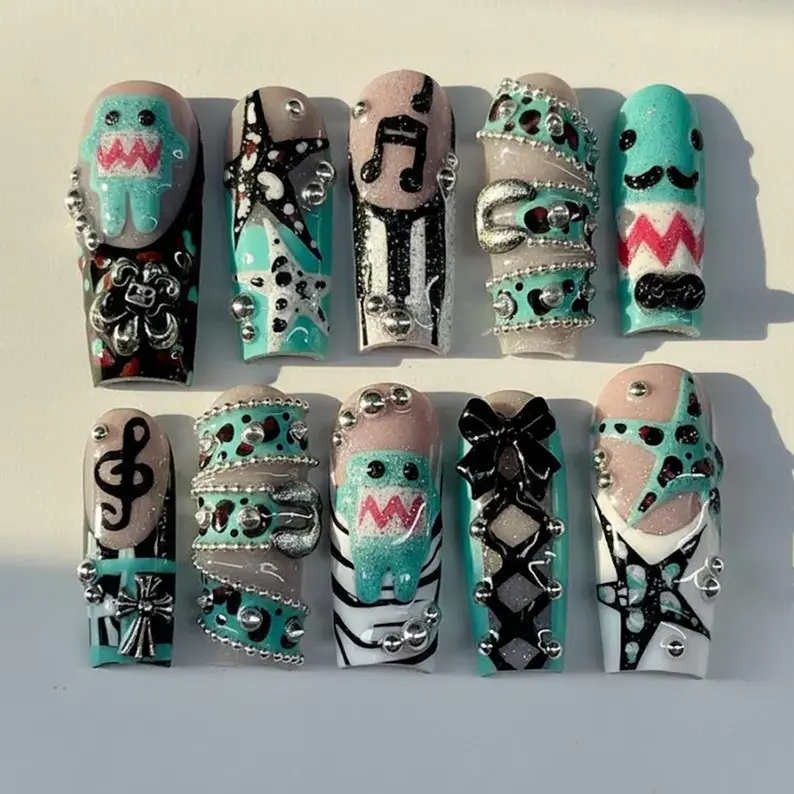 Cute Monster Press On Nails, Music Theme Nails, Kawaii Monster Nails, Teal Black Nails, 3D Cute Nails, Handmade Press On Set