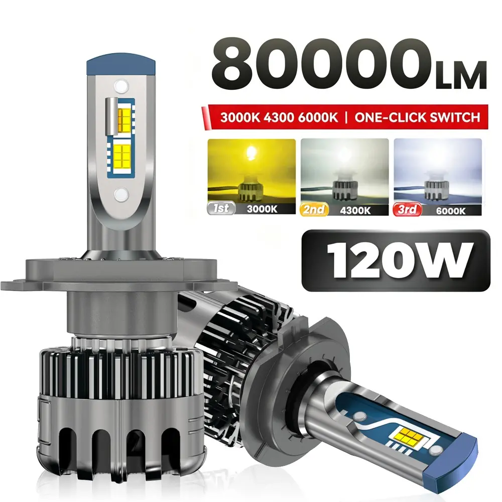 2-Pack 3 Colors H4/h7 LED Headlights, 120w Canbus, 3000k/4300k/6000k, 12V, H8/h9/h11/h1, 9005 Hb3, 9006 Hb4, 9012 Hir2, Car Lights, Led Headlight Bulb, Led Headlamps Bulbs
