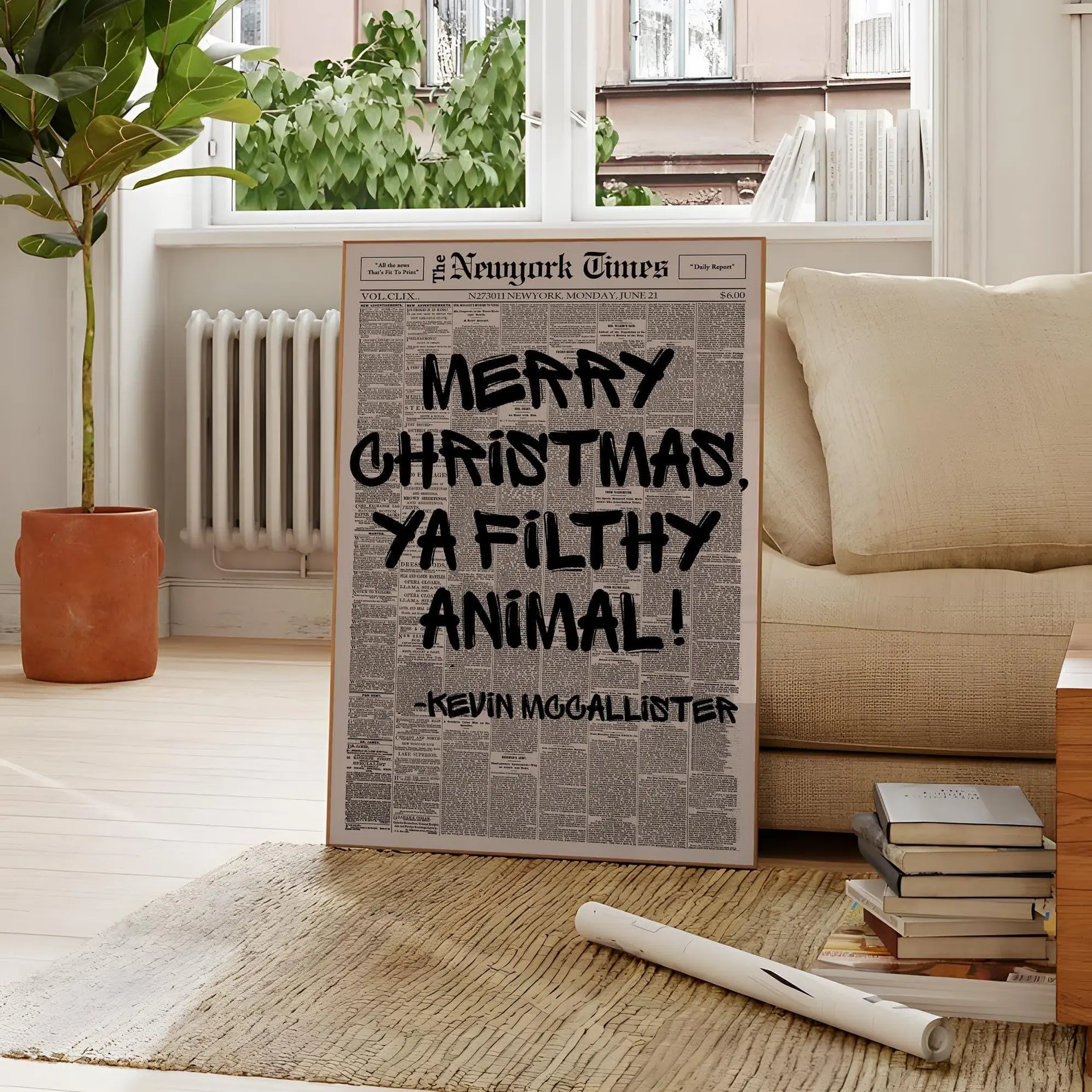 Retro Merry Christmas Ya Filthy Animal Newspaper Poster, Christmas Wall Art, Funny Holiday Quote Print, Christmas Movie Poster, Xmas Decor