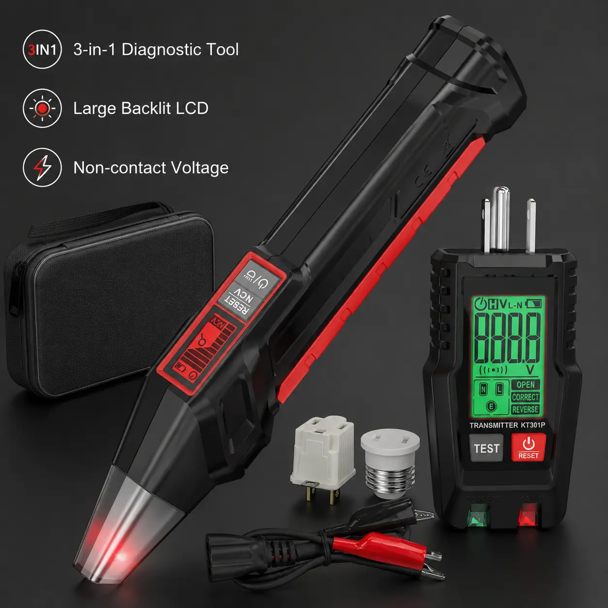 KT301P Electrical Circuit Breaker Finder with LCD Display, GFCI Outlet Tester, NCV Test Function, Flashlight, Carrying Case and Adapters, Includes Adapters