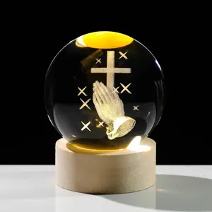 3D Cross Crystal Ball with Wooden Light Base, Laser Engraved Cross with Praying in Hand Religious Gifts for Women, 3D Crystal Cross Figurines Night Light Home Decor Arikyrist