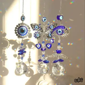 Evil Eye Suncatcher With Crystal Prism Balls, Decorative Hanging Pendant That Creates Rainbow Light, Exquisite Craft Ornament For Window, Wall, Home And Garden, Nice Choice For Daily Decoration And Gifting