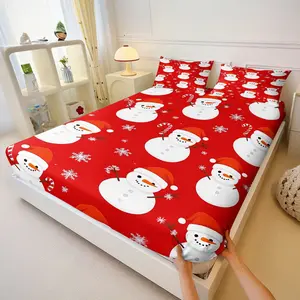 3Pcs Christmas Themed Fitted Sheet Set, Whimsical Snowman and Candy Cane Print Bed Sheet Set, Cozy and Durable Microfiber Bedding for Festive Holiday Decor, Ideal for Bedrooms and Guest Rooms This Season, No Filler, Bed Sheets Set