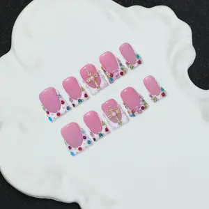Handmade Duckbill Nail Tips Set, Y2K Baddie Style, Nail Art Design, Nude and, French Tip, Flowers, Crosses, Rhinestones, 4 Sizes, Includes Tool Kit, Square Nail Tips