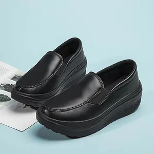 Women's Slip-On Wedge Shoes - Comfortable Thick-Soled Casual Walking Shoes, Black and White Solid Color Low-Top Thick-Soled Sneakers, Lightweight All-Season Shoes
