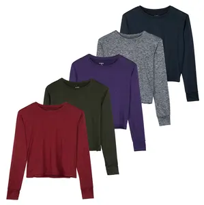 Real Essentials 5 Pack: Women's Dry Fit Crop Top - Long Sleeve Crew Neck Stretch Athletic Tee (Available in Plus Size)