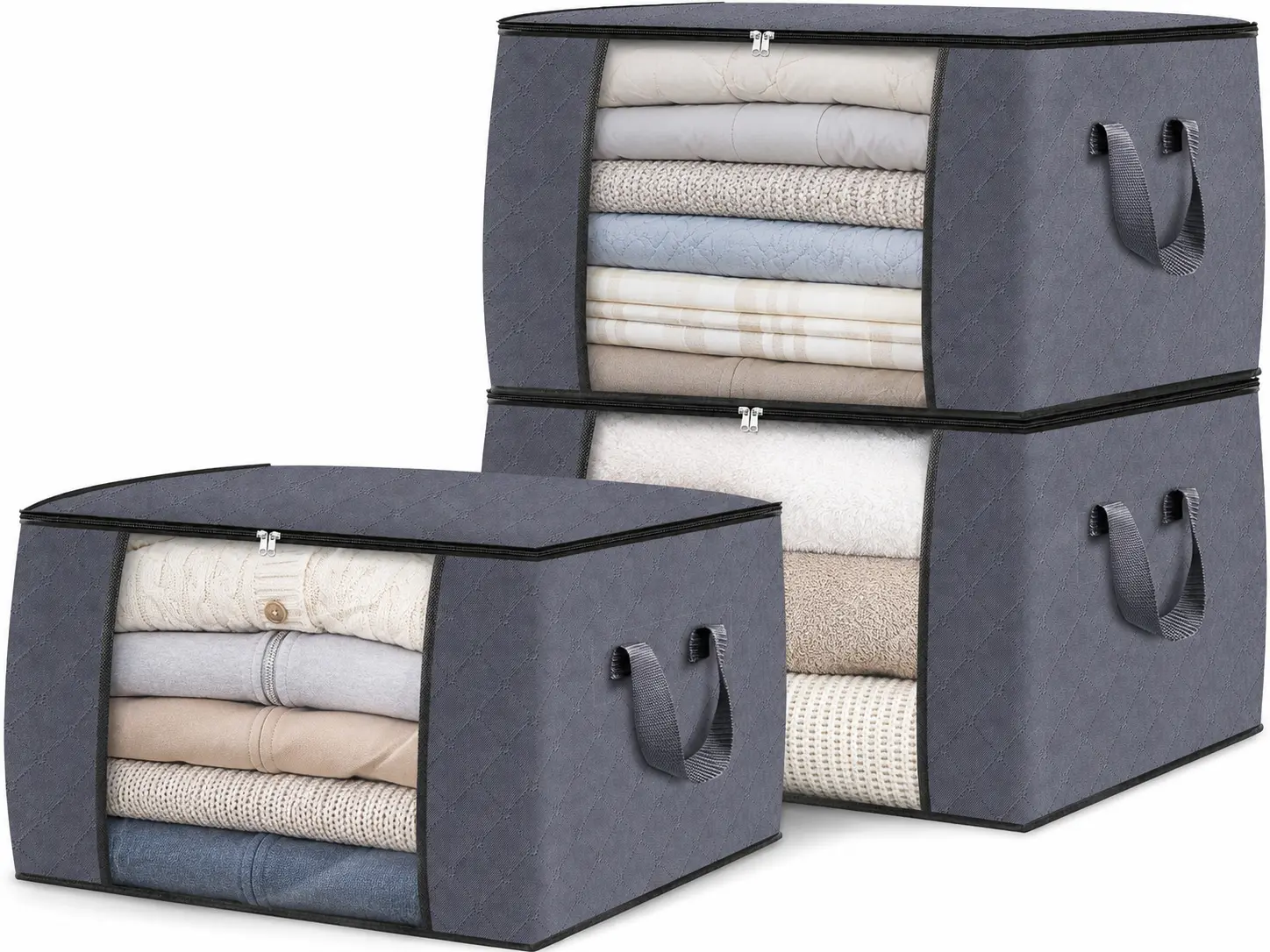 UNIQDESIGN 3-Pack Dark Grey Fabric Storage Bags with Sturdy Handles, Foldable Travel Closet Organizers for Clothes, Blankets, Comforters, Bed Sheets