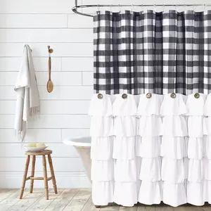 Ruffled Shower Curtain, 1 Count Plaid Pattern Bath Curtain with Button Accent, Lightweight Quick-dry Polyester Curtain for Bathroom Decor, Bathroom Decoration Accessories