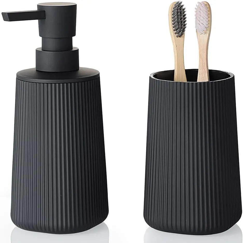 2-Piece Modern Bathroom Accessory Kit - Durable ABS Plastic Textured Surface Soap Dispenser & Toothbrush Holder, Minimalist Decluttering for Countertop, Bathroom House Decor (Striped Black)