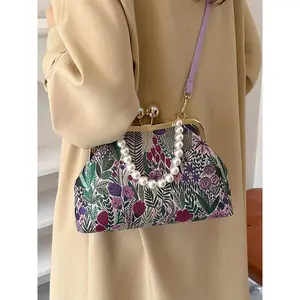 Women's Fashionable Floral Print Crossbody Bag, Handbag Shoulder Purse, Casual Versatile Pearl Decorated Shoulder Bag for Daily Used, Suitable for Holiday Scenes