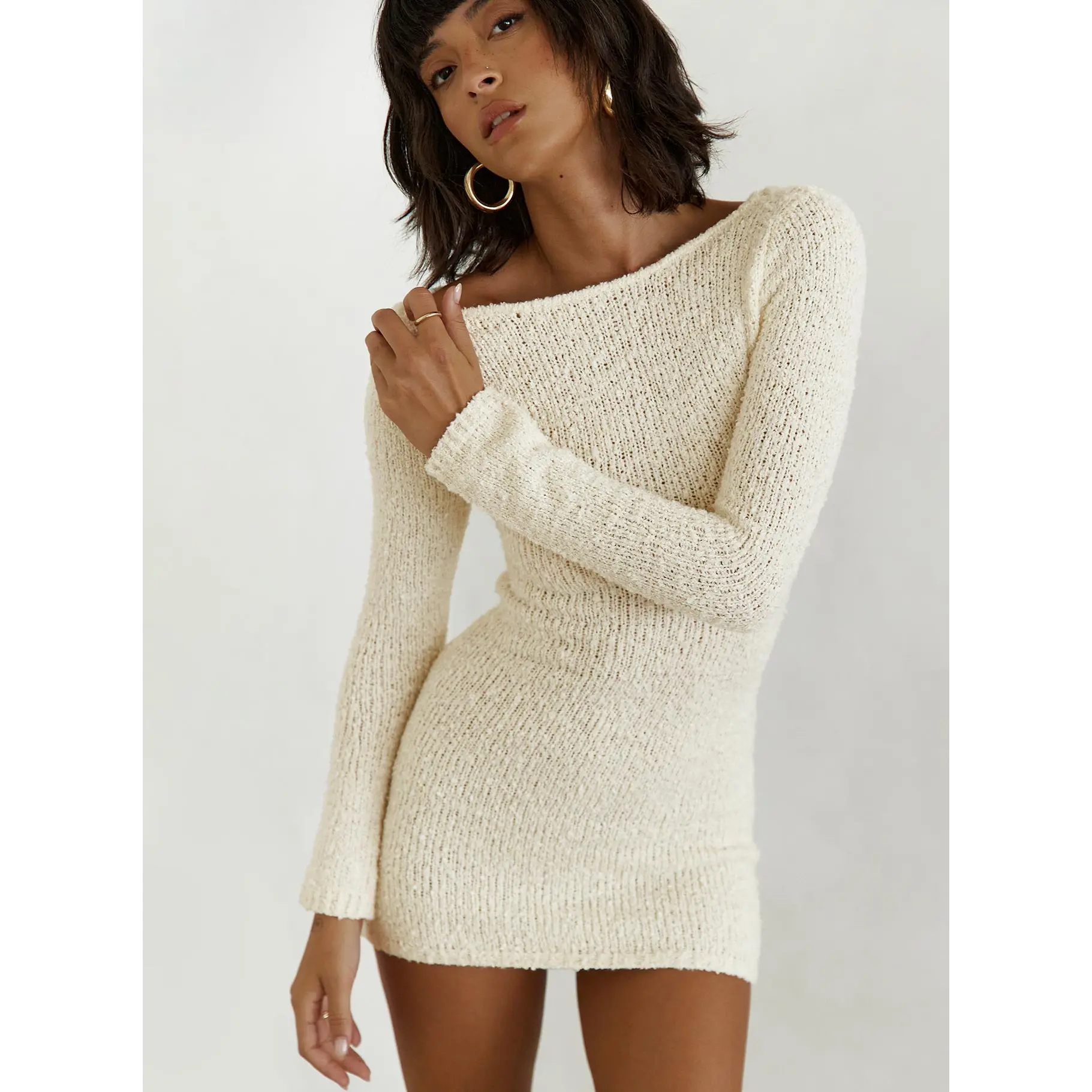 Cosy Up Long Sleeve Boucle Mini Dress Cream
