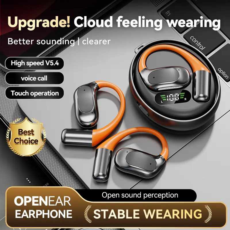 Open Ear OWS Wireless Earbuds Bluetooth 5.4 Rotatable Open Air Headphones with Charging Case, HIFI Stereo Sound, Non-in-ear Comfort Fit, Waterproof Sports Earphones, Compatible with iPhone & Android, Ideal for Travel Business Study Workout