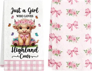 Highland Cows Kitchen Towels Set of 2, Funny Dish Towels for Kitchen Drying, Dish Towels Cooking Gifts for Women, Vintage Kitchen Decor for Farmhouse with Cute Cattle