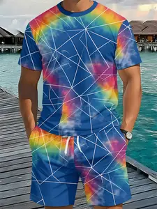 Men's 3D digital printed two-piece casual set with rainbow tie-dye lines, 2Pcs, trendy fashion suit, retro casual two-piece outfit, resort-style trendy wear, breathable sports casual style, perfect holiday gift for men