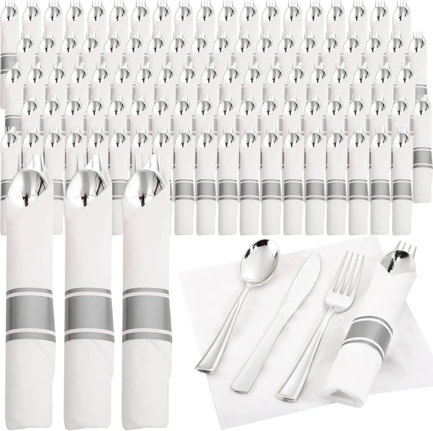 120pack Silver Plastic Silverware,Rolled Plastic Silverware,Pre Rolled Napkins with Cutlery Set,Wrapped Disposable Cutlery Set Perfect for Mother's Day, Birthday, Wedding,Catering