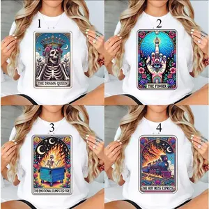 Women's 100% Cotton Oversized Funny Tarot Card Graphic Tee - Drama Queen, Finger, Emotional Dumpster Fire, Hot Mess Express Designs - Comfortable Fashion Shirt, Ideal Valentine's Day Gift for Loved Ones