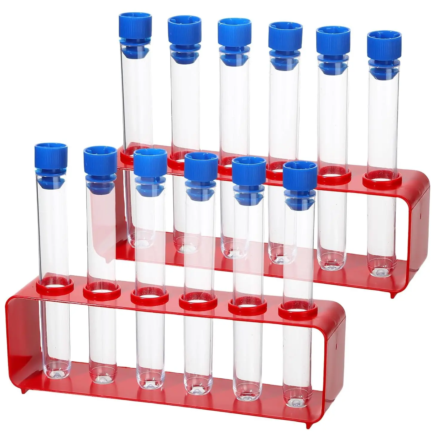 Copkim 2 Sets Test Tubes with Rack Clear Plastic Test with Caps and 6 Holes Holder Rack Nurse Party Decorations Shot Tubes for Scientific Experiments Party Favors Candy(Red,Integrated)