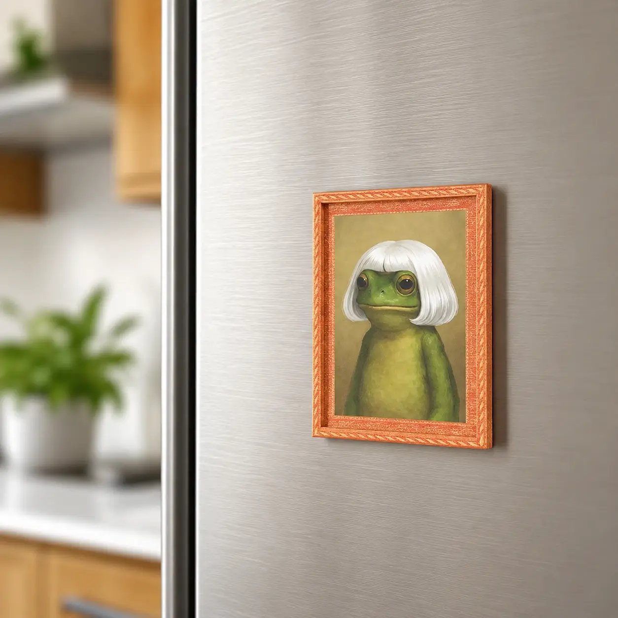Funny White Hair Frog Wooden Fridge Magnet Humorous Frog with Bob Cut Refrigerator Magnet Cute Kitchen Decor