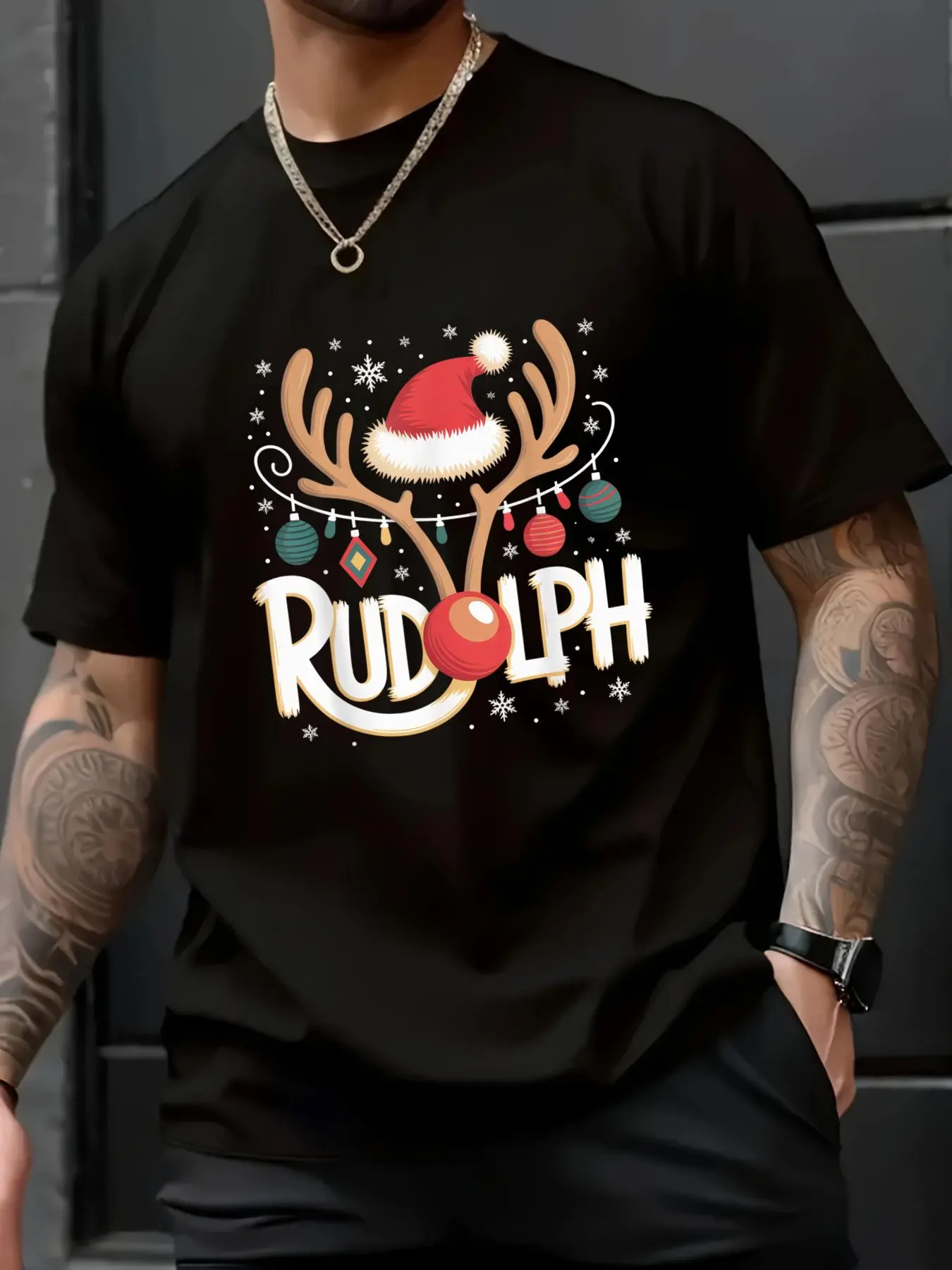 Men's 100% Cotton Rudolph Print Short Sleeve T-Shirt - Loose Fit Streetwear Casual Round Neck Top, Christmas Holiday Tee, Soft, All Seasons, Avoid Ironing Prints, Cold Wash Compatible