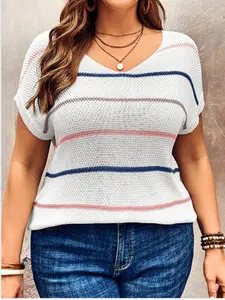 Women's Plus Size Summer Striped Short Sleeve Lightweight Soft Knitwear Top, Womenswear Casual Loose-Fitting Vest for Daily and Holiday Wear