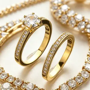 Elegant Golden-Tone Engagement & Wedding Ring Set for Women, 2-Piece Timeless Statement Band with Sparkling Accents, Bridal Jewelry Gift for Valentine's Day, Anniversaries & Special Occasions