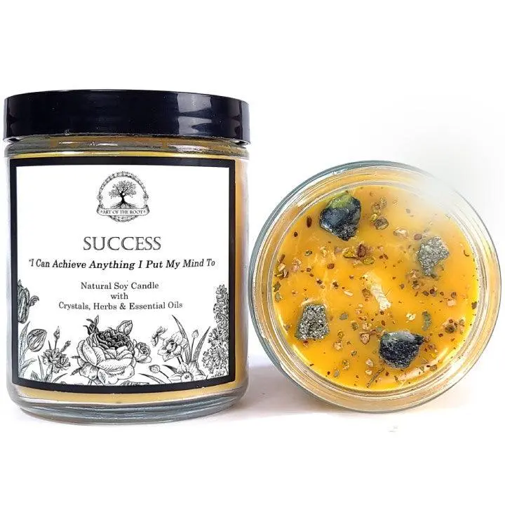 Success Affirmation Soy Candle with Raw Emeralds and Pyrite Crystals | Art Of The Root