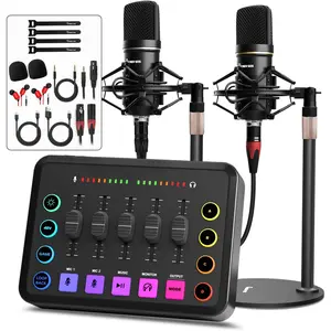 Podcast Equipment Bundle for 2 with XLR Condenser Microphone & 3.5mm Mic, RGB, Mute, 48V Phantom Power for Streaming Gaming Recording Black