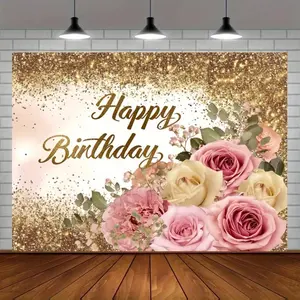 Happy Birthday Backdrop, 1 Count Blush Pink Golden Glitters Dots Floral Birthday Photo Booth Decorations Backdrops, Party Photography Background, Banners