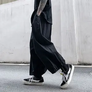 Japanese Harajuku Kimono Work Style Streetwear Ultra Wide Leg Pants Elastic Waist Drawstring Unisex (Black, Khaki)