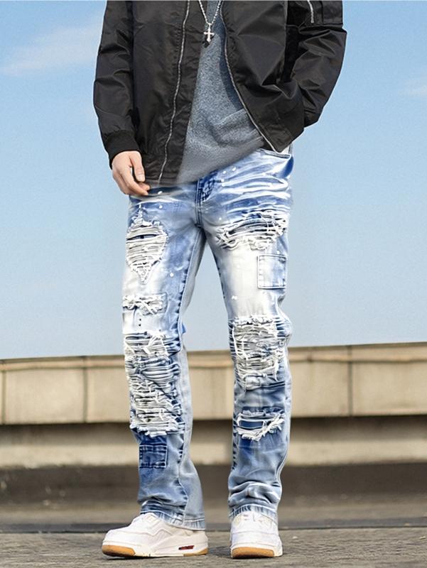 Heavy Distressed Ripped Stacked Jeans for Men Trendy Denim with Torn Details Stacked Fit Comfortable & Stylish japanese  raw  denim holiday  party  outfits dark  wash  jeans slim  fit  baggy vaquero  men levi jaded london  casting bootcut levis  mid  rise