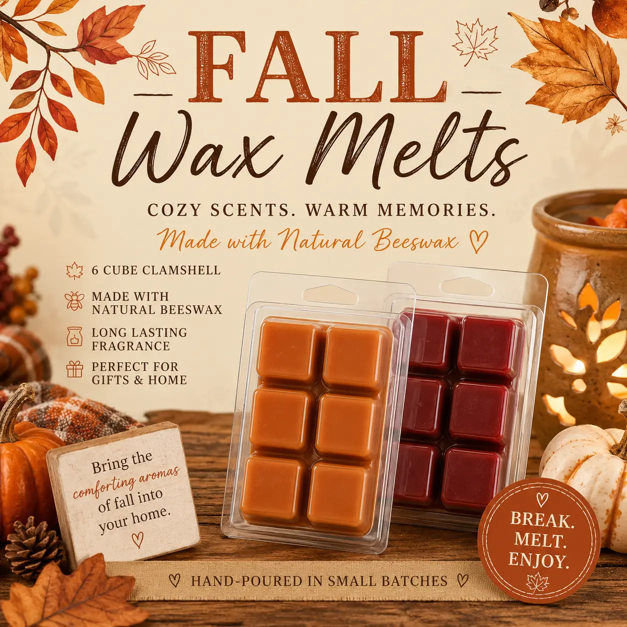 Beeswax Cubes Wax Melts - 6-Cube Hand-Poured Clamshell Pack, Long-Lasting Multiple Fall Cozy Scents, Home Decor & Room Decor Supplies