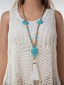 Boho Style Turquoise Texture & Tassel Decor Beaded Necklace, Vintage Style Long Pendant Necklace for Women & Men, Trendy All-match & Exquisite Jewelry for Birthday Gift
