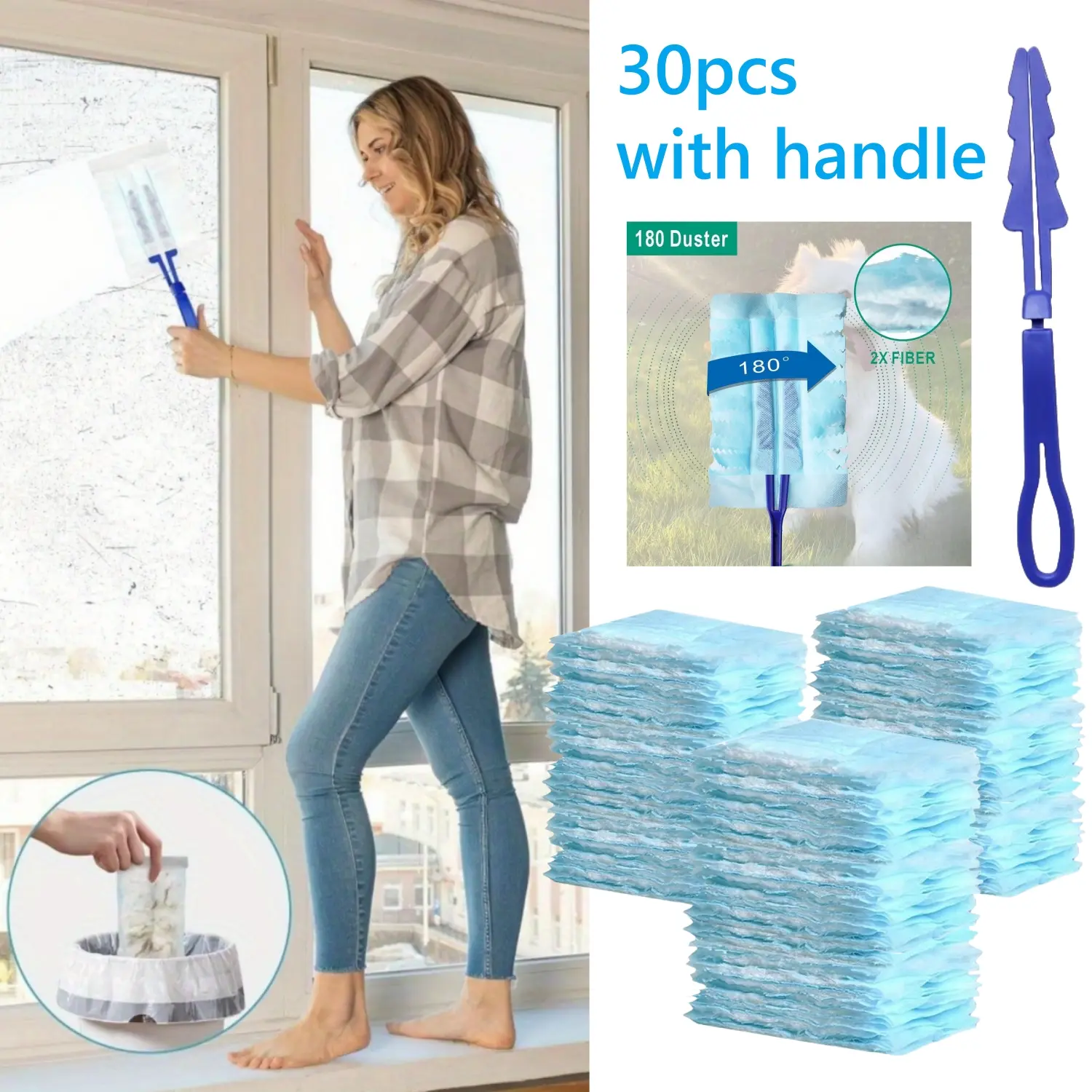 Electrostatic Duster with Handle & 30 Disposable Cloth Refills, Window Cleaning Kit for Furniture, Blinds