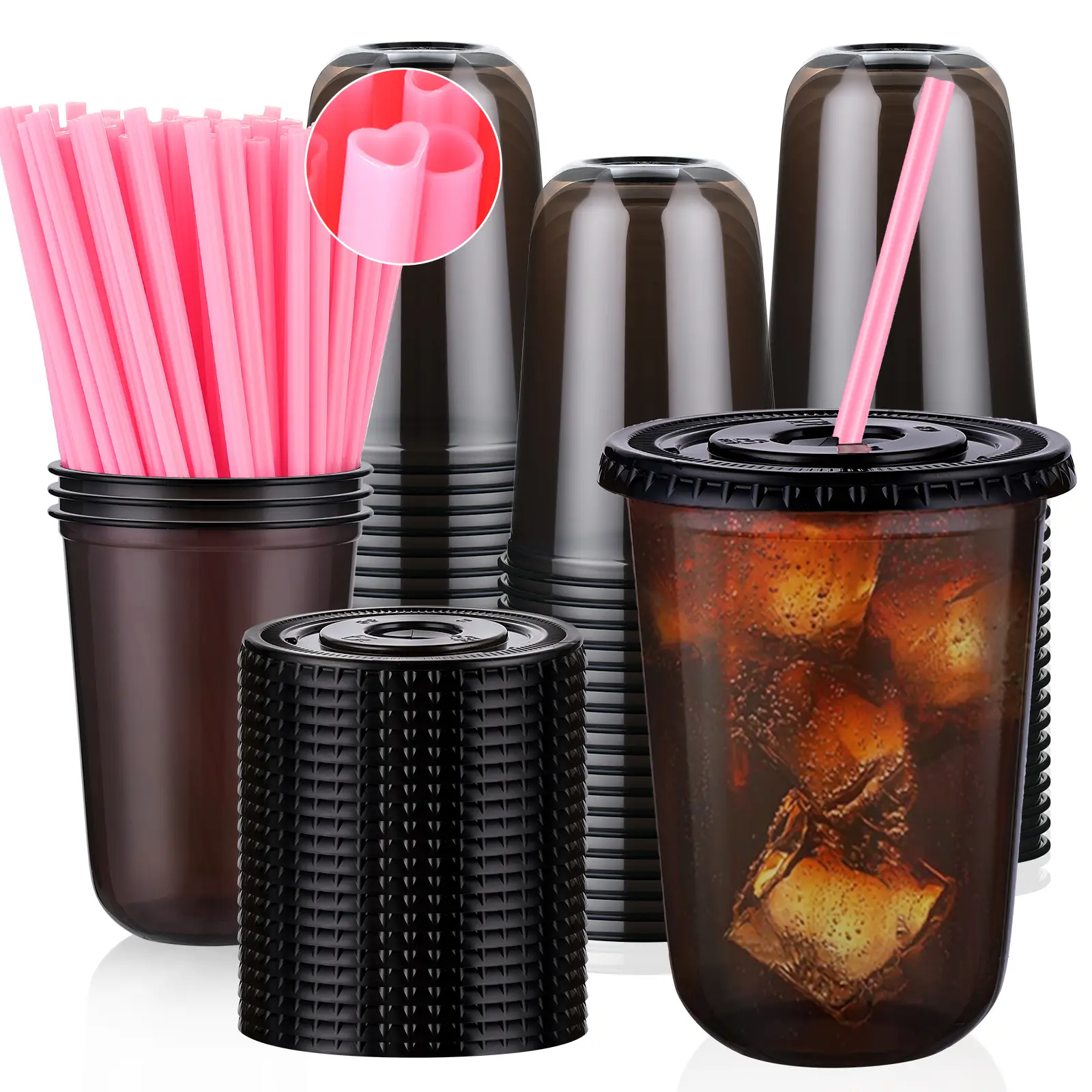 100 Sets Black Transparent PET Disposable Cups with Lids & Pink Straws, Leak-Proof U-Shaped Lightweight Drinkware for Parties, Weddings, Kitchen & Iced Coffee Use, Wedding,#SummerWins #DealsForYouDays