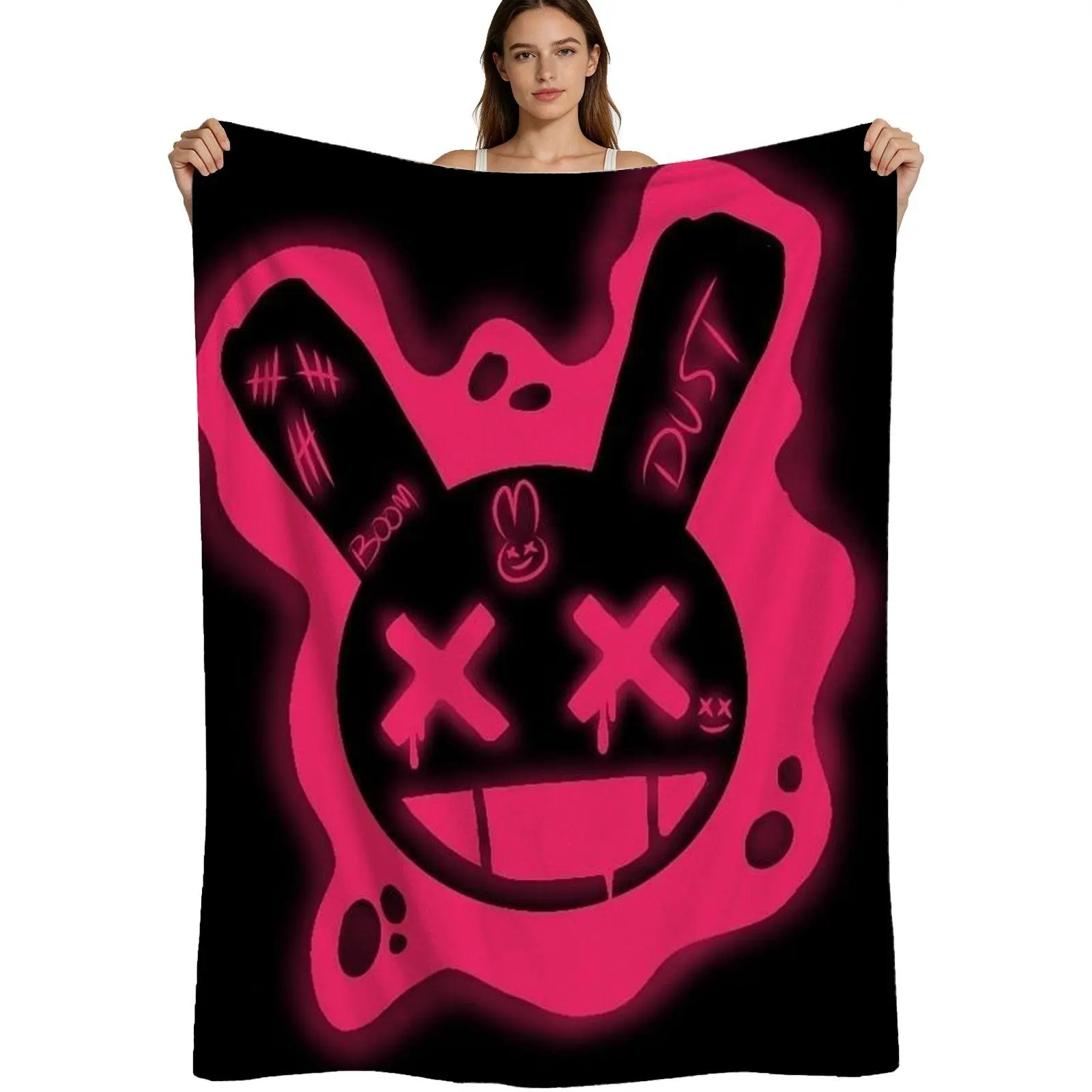 Y2k Aesthetic, Warm Flannel Blanket, Neon Pink Graffiti Rabbit Design, Soft Fleece Fabric With Glow Effect, For Teens And Dorm Decor, 4 Sizes Available Single Pack