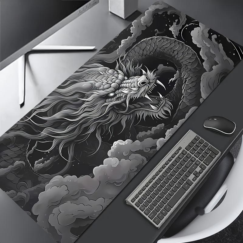 Extra-Large Dragon Gaming Mouse Pad - Monochrome Design with White & Black Artwork, Washable & Durable Rubber Base, Precision Stitched Edges - Ideal