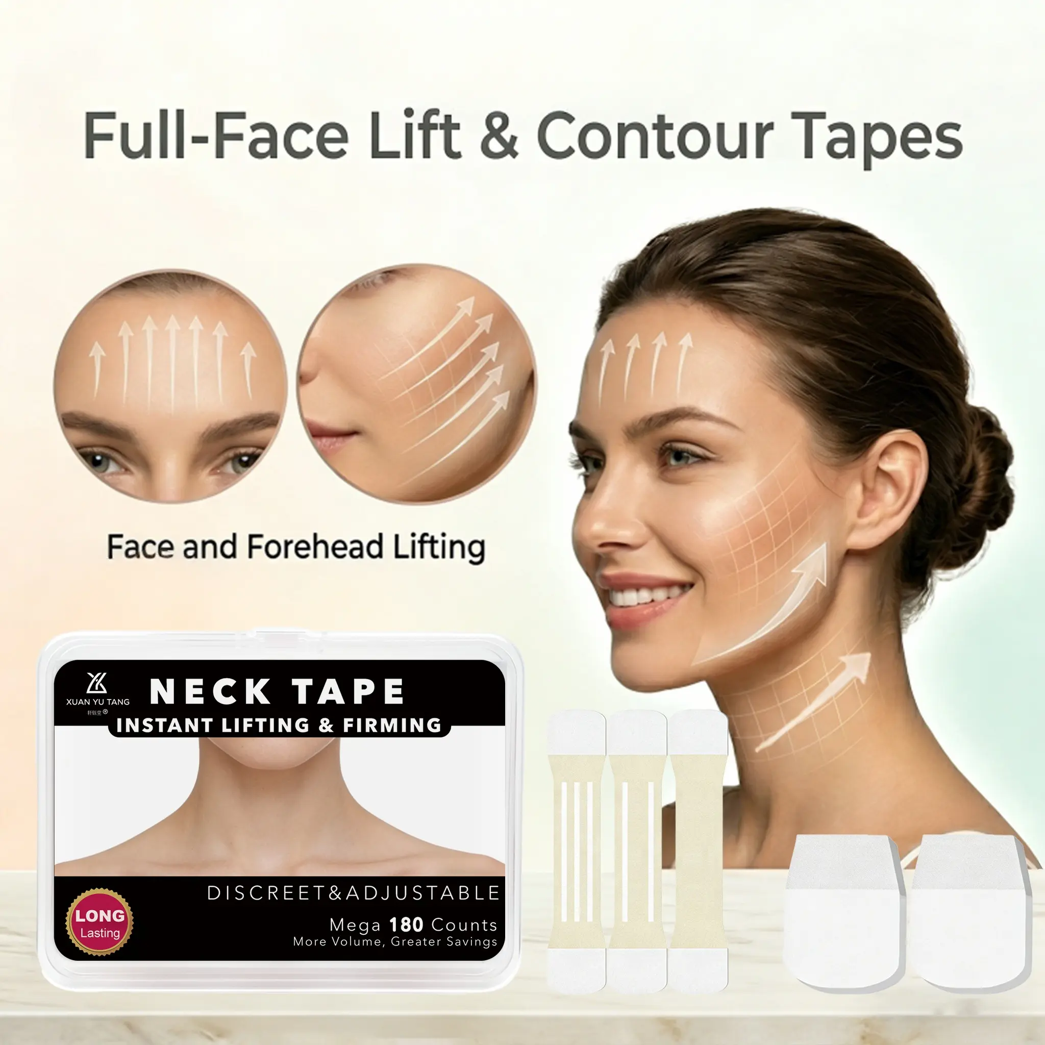 Face Neck Lifting Tape, Instant Lifting & Firming, Contour, Double Chin Reducer, Face Jawline Shaper, Reusable Adjustable V-Shape Lift, Includes 6 Tapes & 180 Patches, Invisible Skin Care