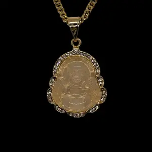 14K Gold Plated Buddha Pendant Gold Plated Buddha Charm with Rhinestones Artificial Jade Gold Filled Buddha Charm Necklace- Clear