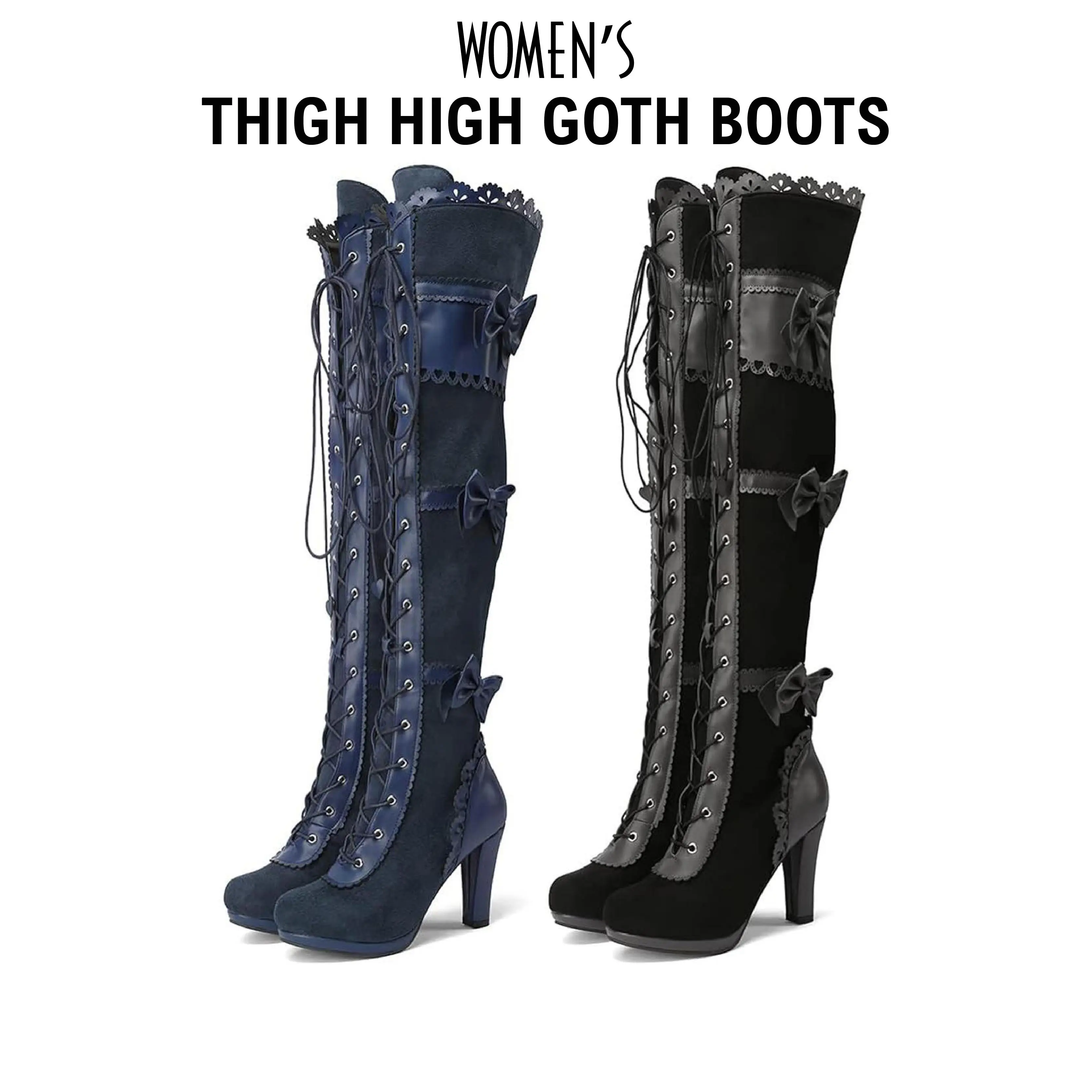 Womens Thigh High Boots Chunky High Heels Rounded Toe Wide Calf Buckle Lace Up Side Zipper Bow Goth Punk Snow Boot Vintage Embroidered Pattern Victorian Style Lace Up Boots Party Cosplay Casual Spring Shoes Deals For You Days