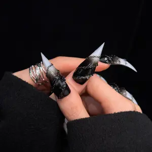 Handmade False Nails, Gradient 3D Chain Design, Dragon Claw Long Nail Tips, European Style Cat Claws, Ready-To-Wear