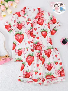 Girls' Fitted Sleepwear Set, Short Sleeve Button-Front Top & Shorts, Cartoon Pattern Design, All-Season Wear, Casual Style, Strawberry Print Pajama, Fruit Print Pajamas