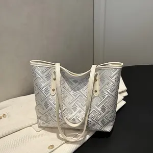 Women's Geometric Floral Embroidered Canvas Tote  with Leather Trim - Shoulder  for Daily Use Vintage Monogram Hobo