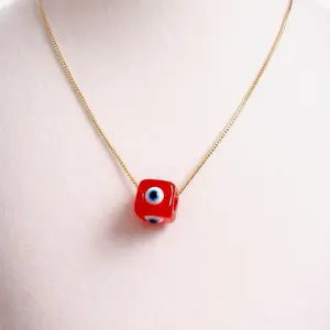 14k Gold Plated Delicate Chain Necklace with Red Evil Eye Charm
