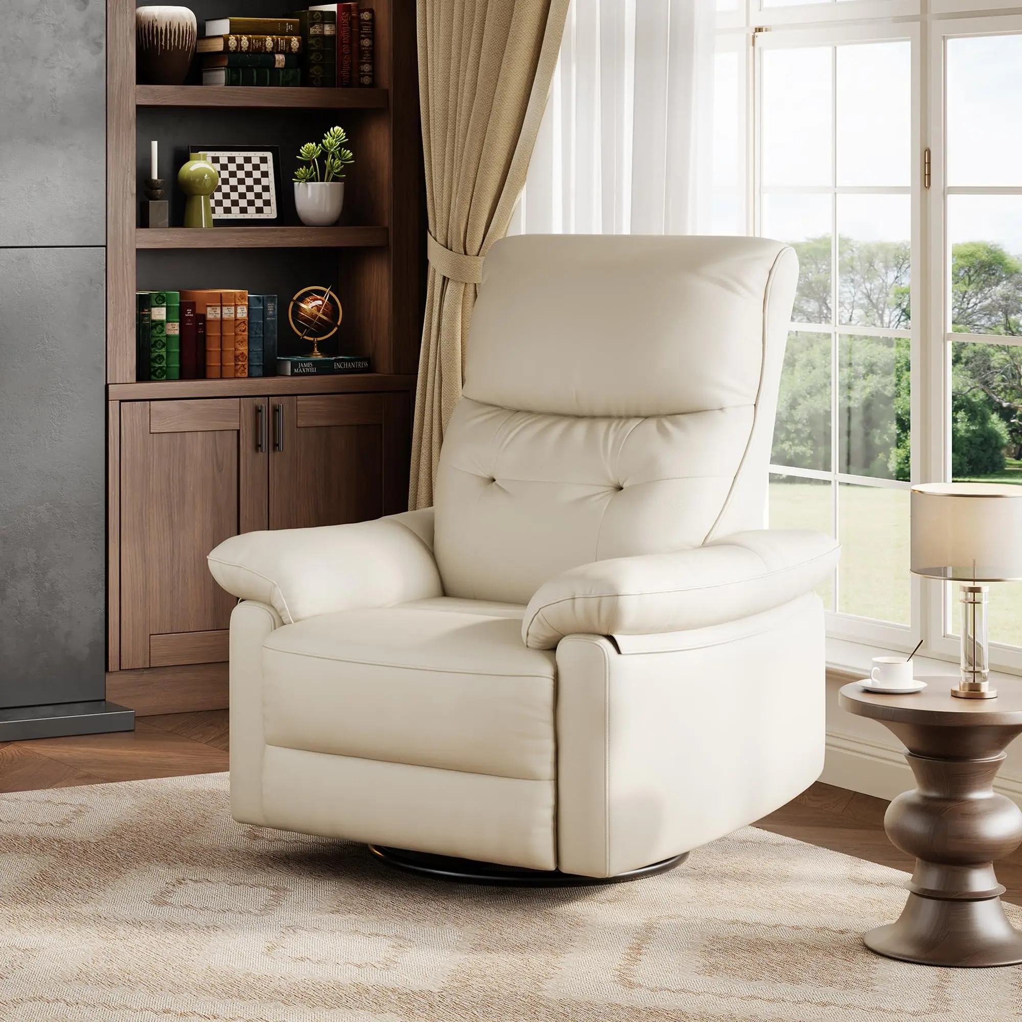 Garvee Power Recliner Chair Swivel Glider Faux Leather Upholstered Nursery Rocker Reclining Sofa Chair with Charging Port, Curved Armrests & Padded Backrest for Living Room and Bedroom (Cream)
