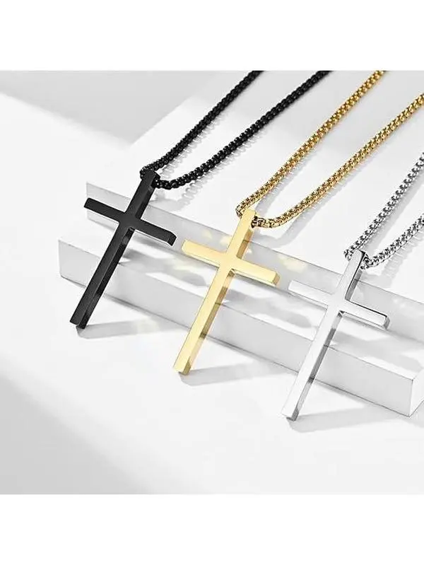 Men's Steel Cross Chain Necklace - Elegant, Durable, Snag-Free, Swimming-Safe Christian Jewelry, Father's Day Gift, Multi-Color Match, All Ages, Auspicious Chain Necklaces