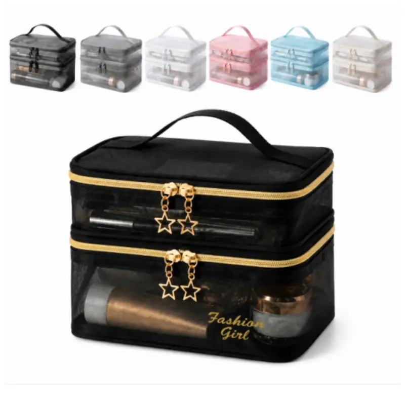 Double Layer Mesh Makeup Bag, 7 Colors Available Transparent Travel Cosmetic Organizer with Large Capacity Storage, Portable Vanity Pouch with Mesh Pocket for Makeup, Toiletries & Daily Essentials