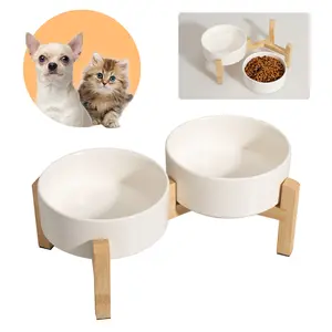 Elevated Ceramic Dog Bowl Set, Non-Slip Bamboo Wood Stand, Dual Pet Feeding Dish, Suitable for Puppies and Cats, Holds 140g/320ML